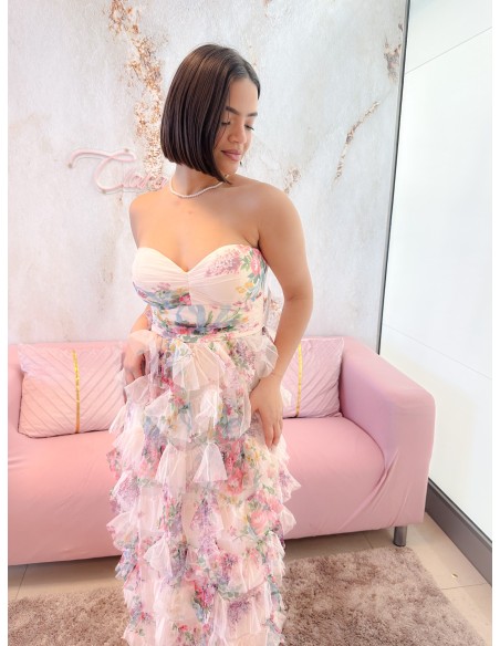 Vestido strapless flores